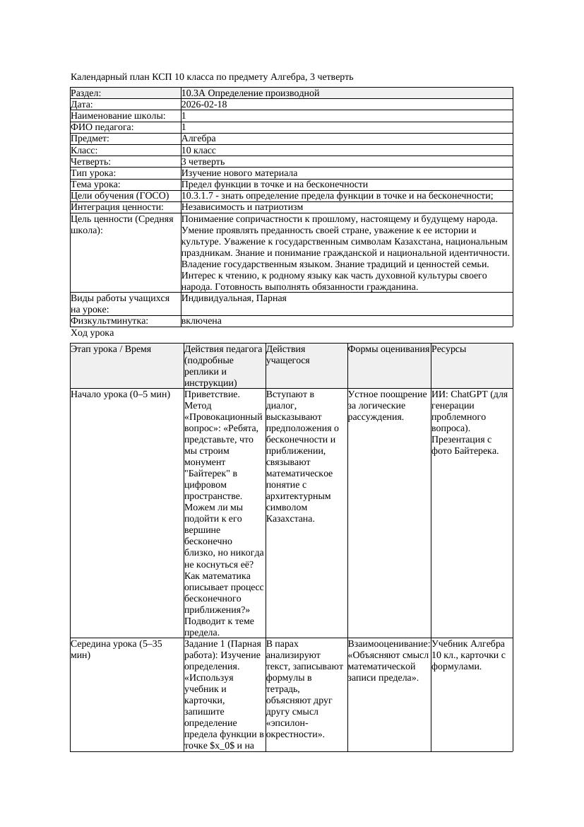 КСП Алгебра 10класс 3 четверть Предел функции в точке и на бесконечности