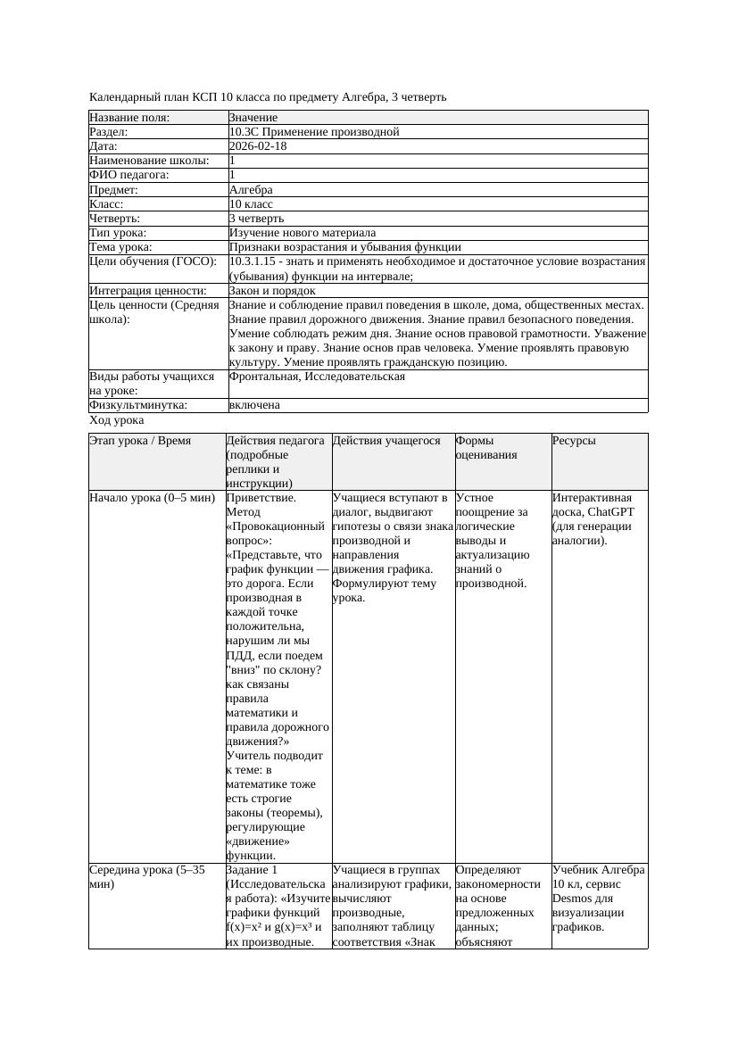 КСП Алгебра 10класс 3 четверть Признаки возрастания и убывания функции