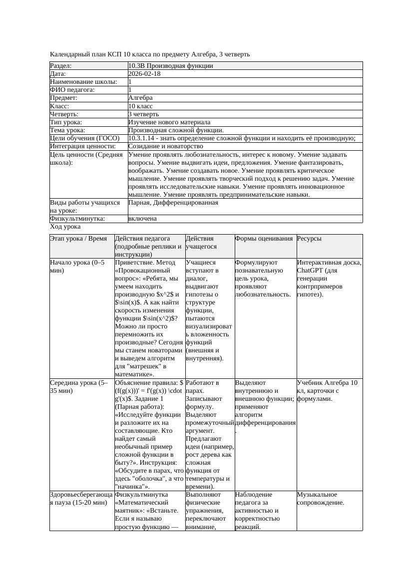 КСП Алгебра 10класс 3 четверть Производная сложной функции 20260218