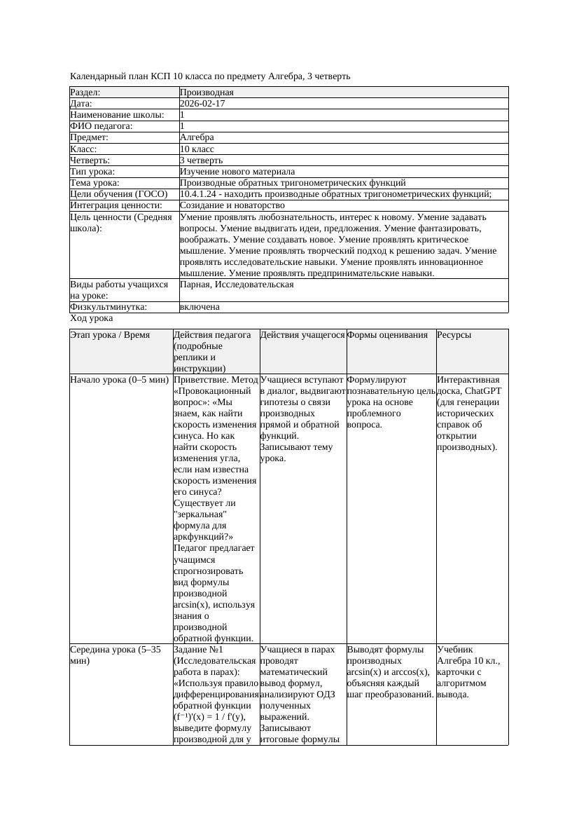 КСП Алгебра 10класс 3 четверть Производные обратных тригонометрических