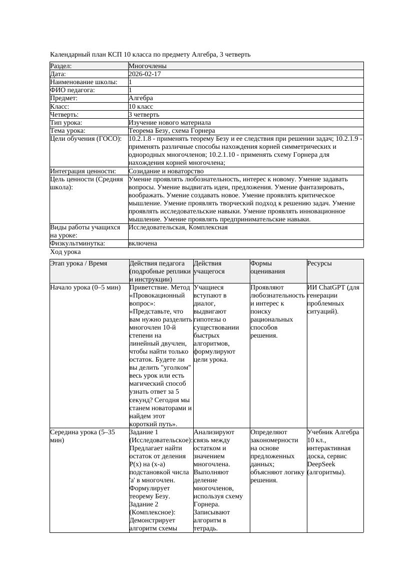 КСП Алгебра 10класс 3 четверть Теорема Безу схема Горнера 20260217