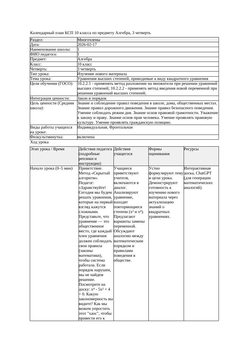 КСП Алгебра 10класс 3 четверть Уравнения высших степеней приводимые