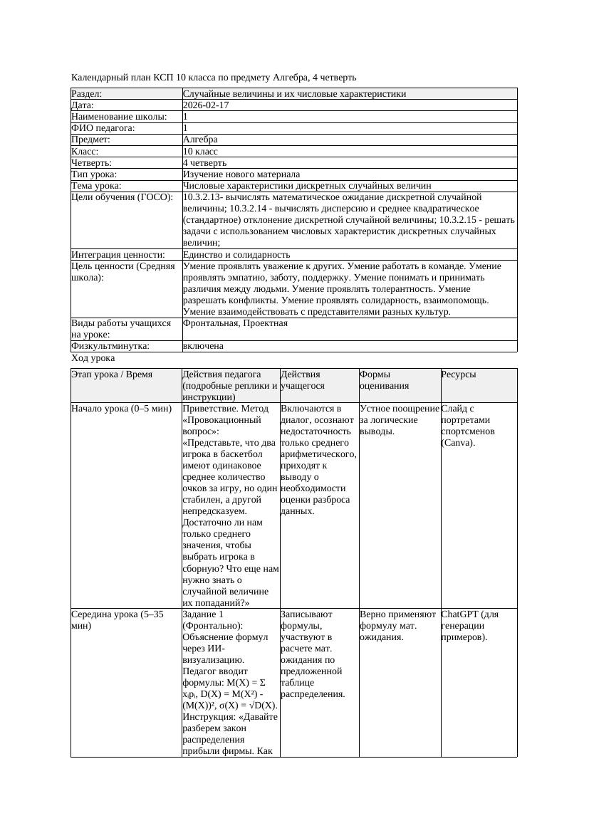 КСП Алгебра 10класс 4 четверть Числовые характеристики дискретных