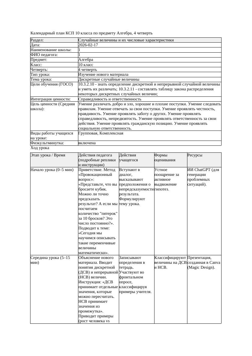 КСП Алгебра 10класс 4 четверть Дискретные случайные величины 20260217