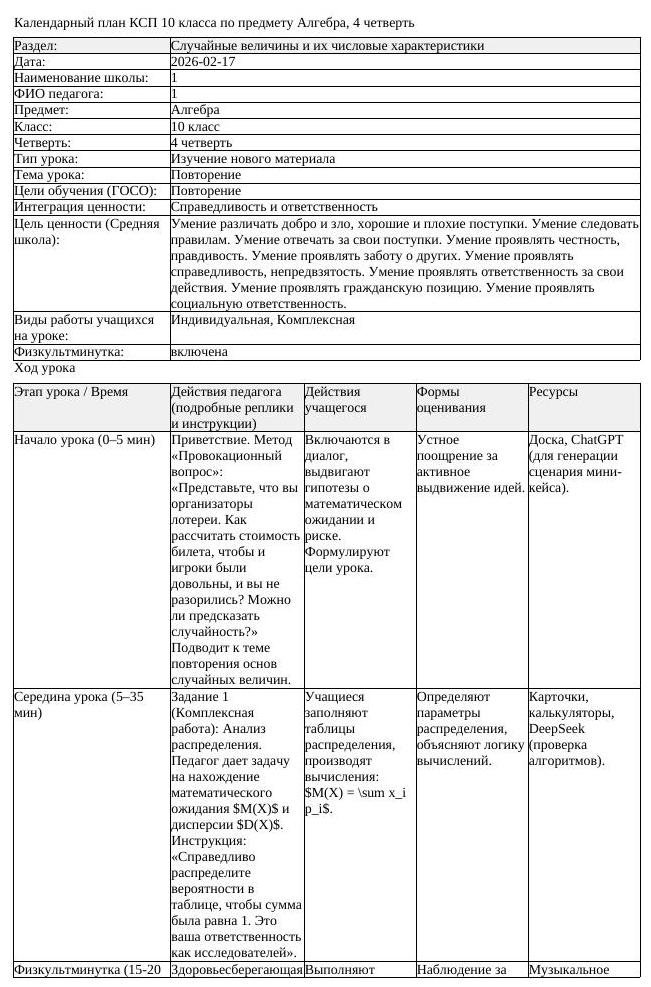 КСП Алгебра 10 класс 4 четверть Повторение docx (урок 1)