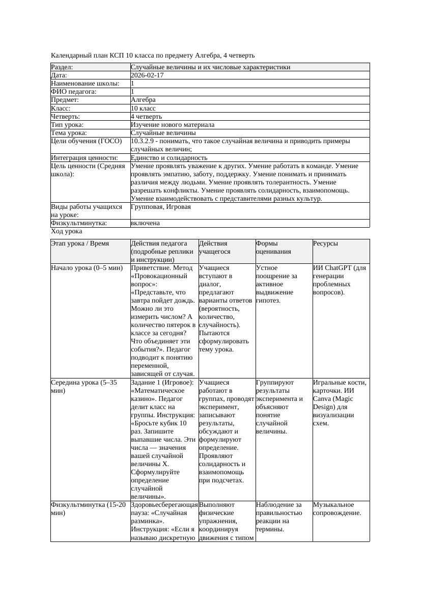 КСП Алгебра 10класс 4 четверть Случайные величины 20260217 docx
