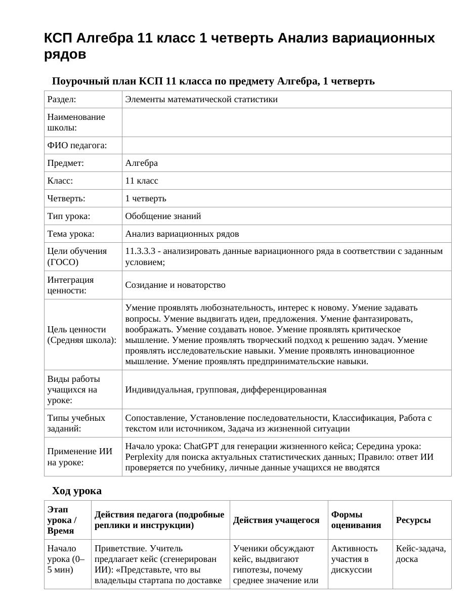 КСП Алгебра 11 класс 1 четверть Анализ вариационных рядов