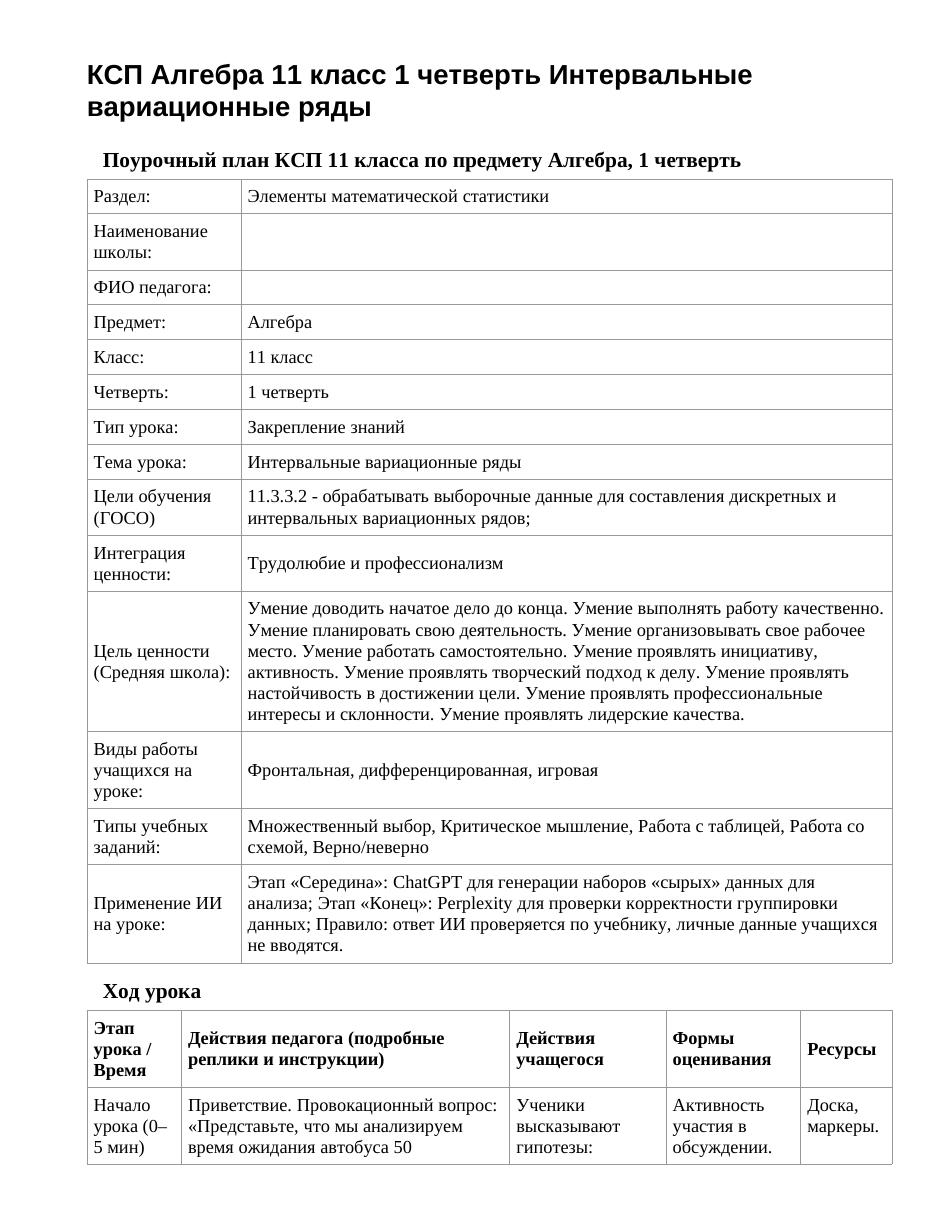 КСП Алгебра 11 класс 1 четверть Интервальные вариационные ряды