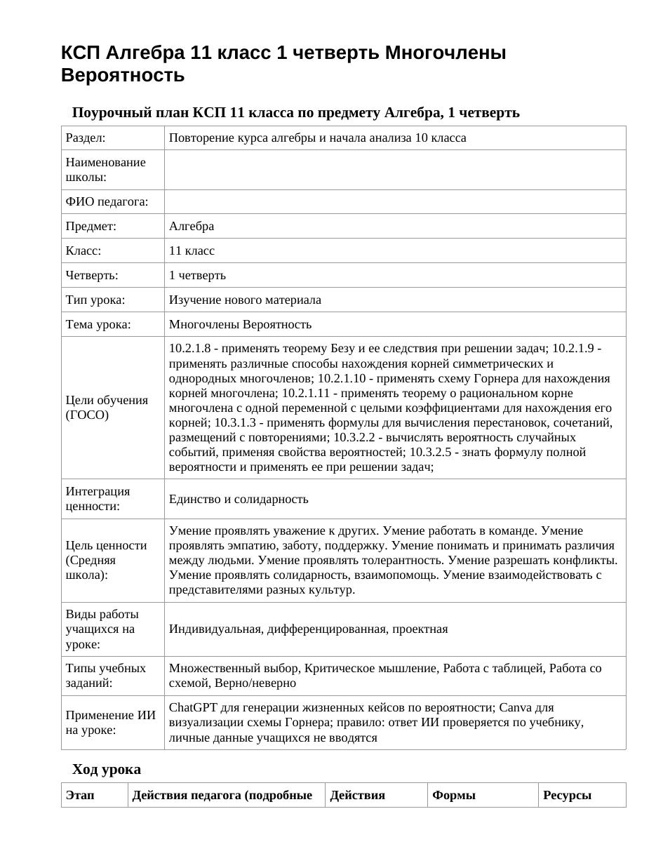 КСП Алгебра 11 класс 1 четверть Многочлены Вероятность