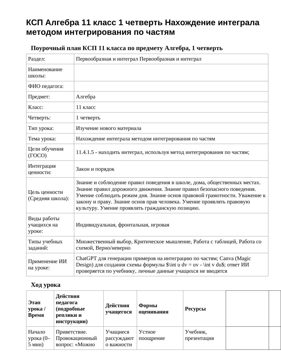 КСП Алгебра 11 класс 1 четверть Нахождение интеграла методом интегрирования по частям