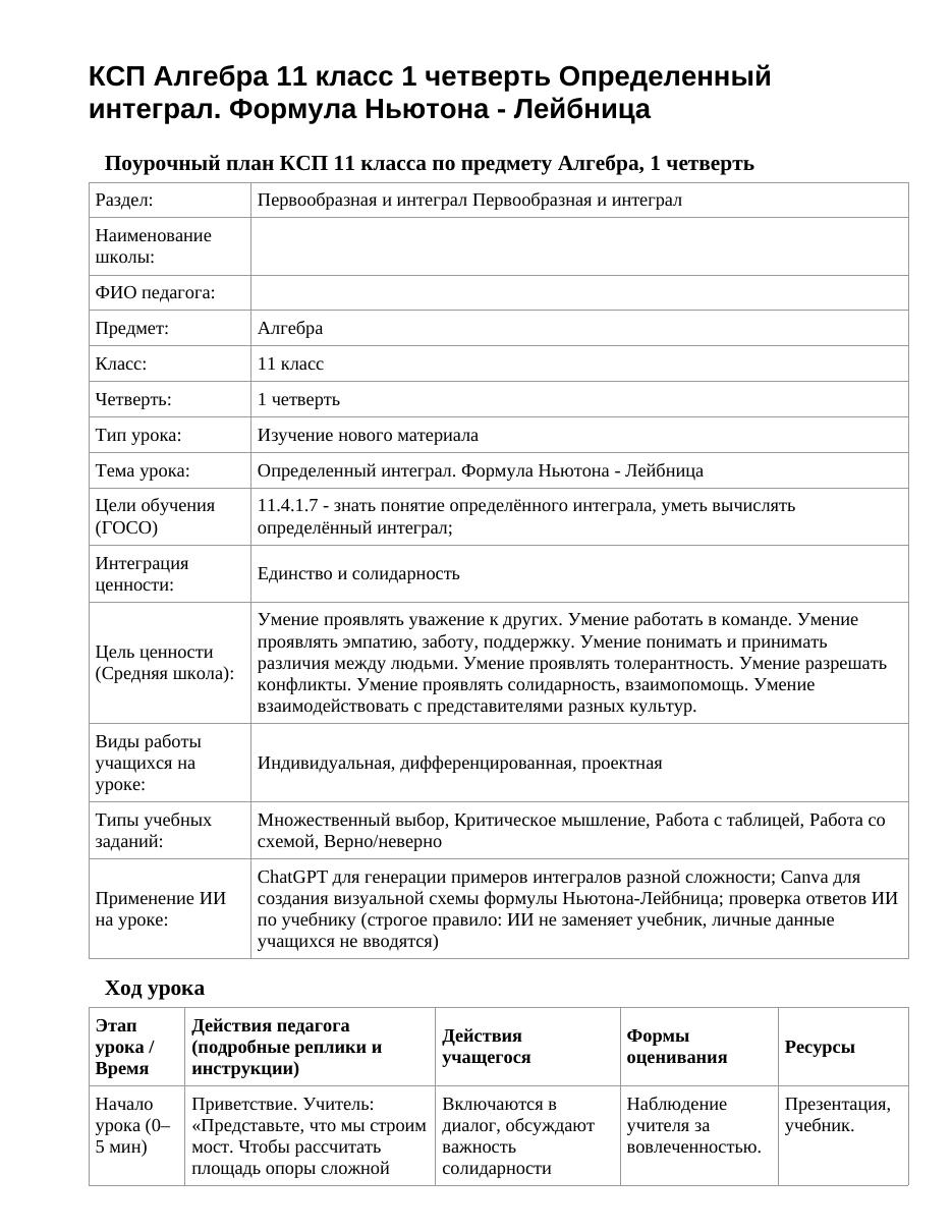 КСП Алгебра 11 класс 1 четверть Определенный интеграл. Формула Ньютона - Лейбница
