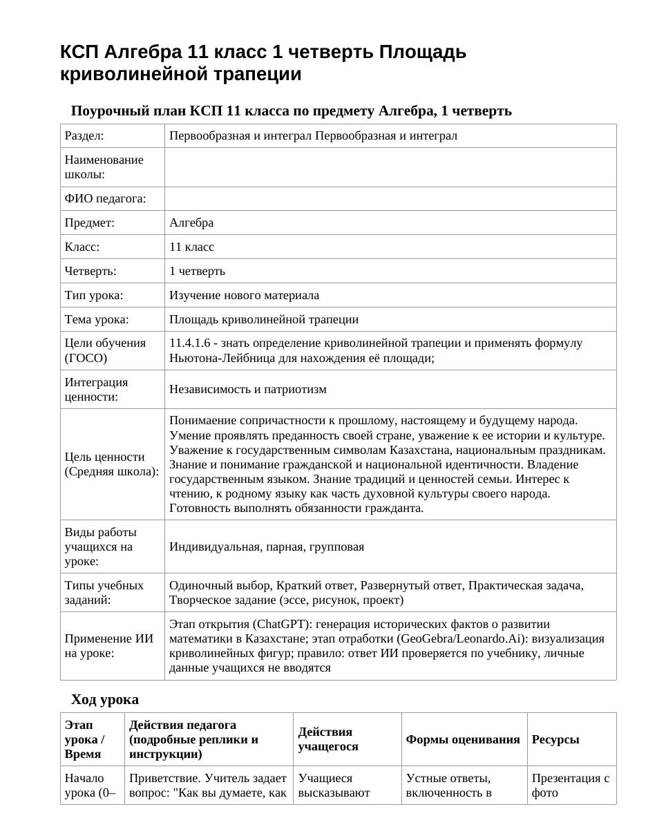 КСП Алгебра 11 класс 1 четверть Площадь криволинейной трапеции