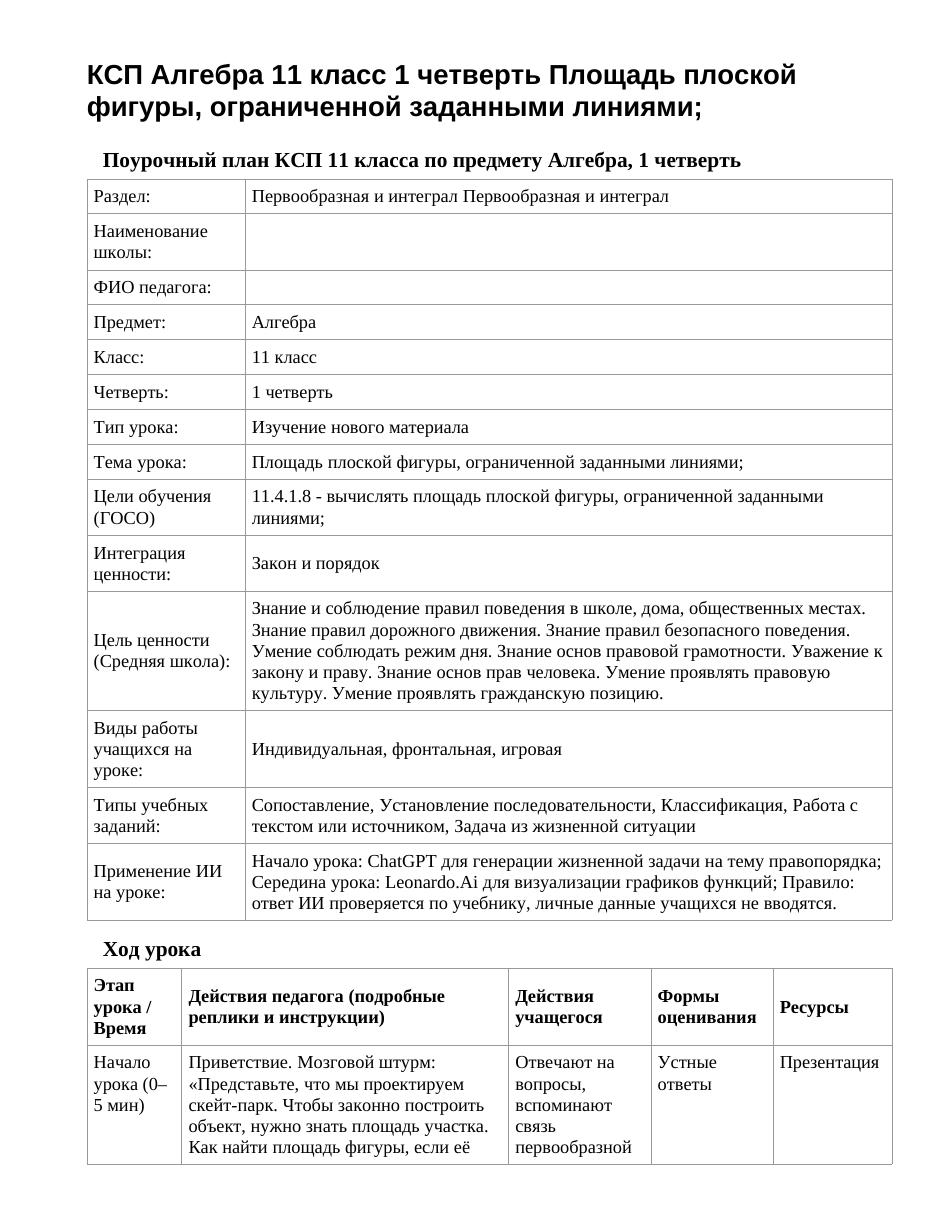 КСП Алгебра 11 класс 1 четверть Площадь плоской фигуры, ограниченной заданными линиями;