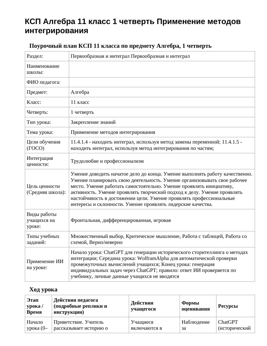 КСП Алгебра 11 класс 1 четверть Применение методов интегрирования