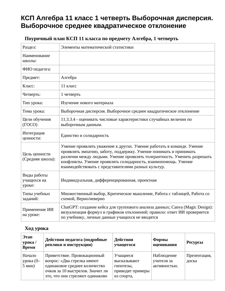 КСП Алгебра 11 класс 1 четверть Выборочная дисперсия. Выборочное среднее квадратическое отклонение
