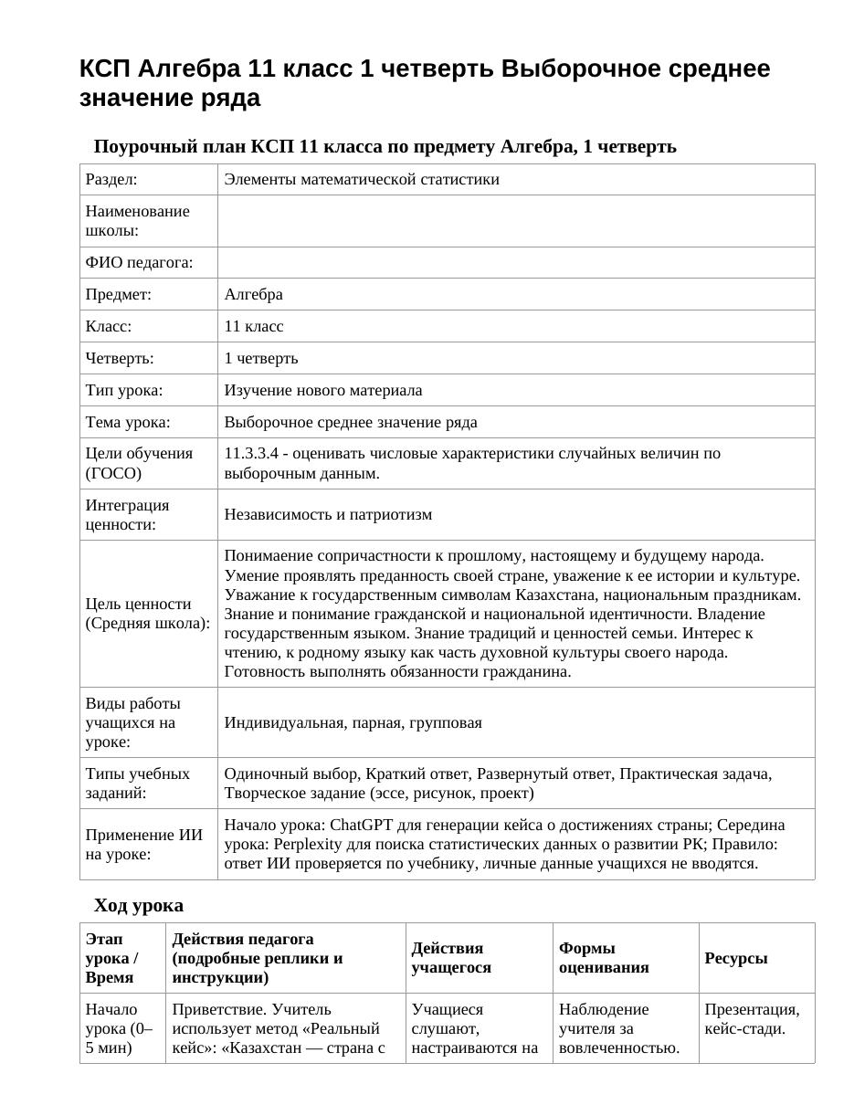 КСП Алгебра 11 класс 1 четверть Выборочное среднее значение ряда