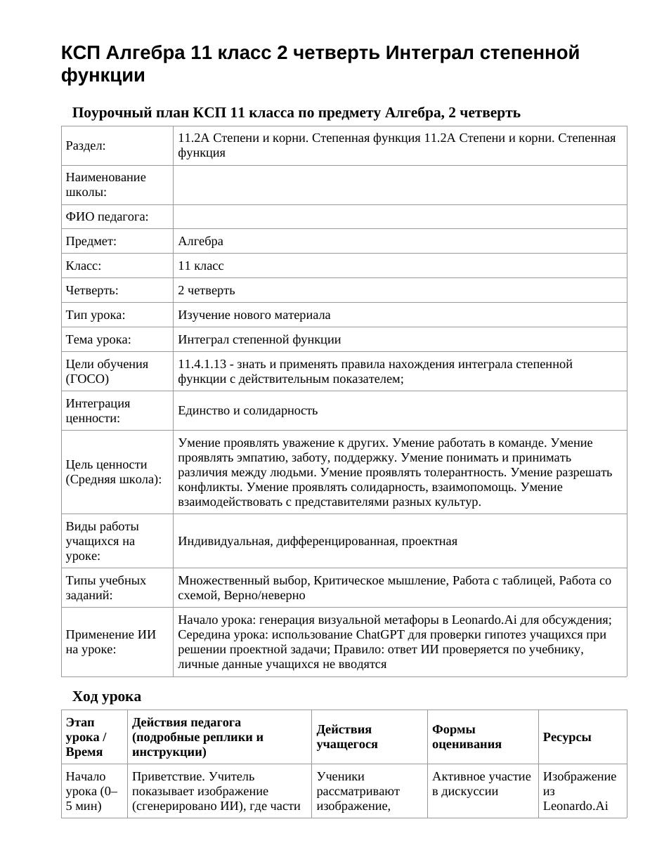 КСП Алгебра 11 класс 2 четверть Интеграл степенной функции