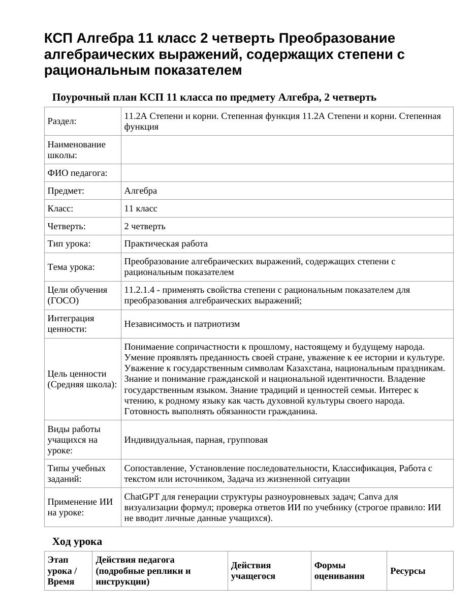 КСП Алгебра 11 класс 2 четверть Преобразование алгебраических выражений, содержащих степени с рациональным показателем