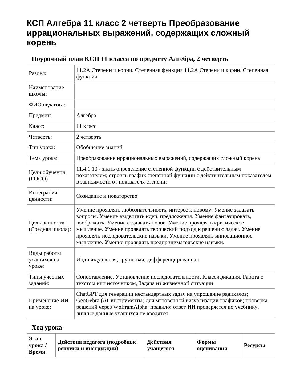 КСП Алгебра 11 класс 2 четверть Преобразование иррациональных выражений, содержащих сложный корень