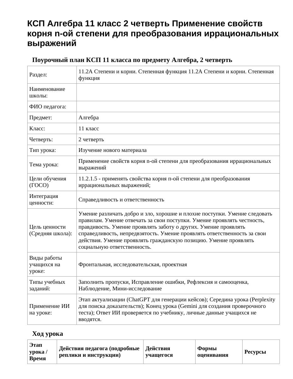КСП Алгебра 11 класс 2 четверть Применение свойств корня n-ой степени для преобразования иррациональных выражений
