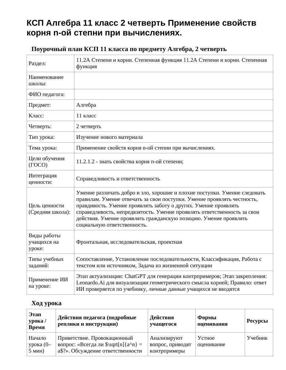 КСП Алгебра 11 класс 2 четверть Применение свойств корня n-ой степни при вычислениях.