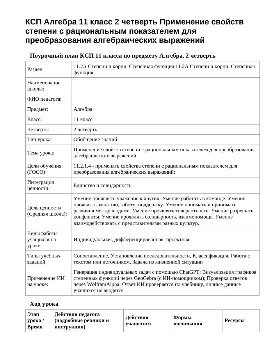 КСП Алгебра 11 класс 2 четверть Применение свойств степени с рациональным показателем для преобразования алгебраических выражений