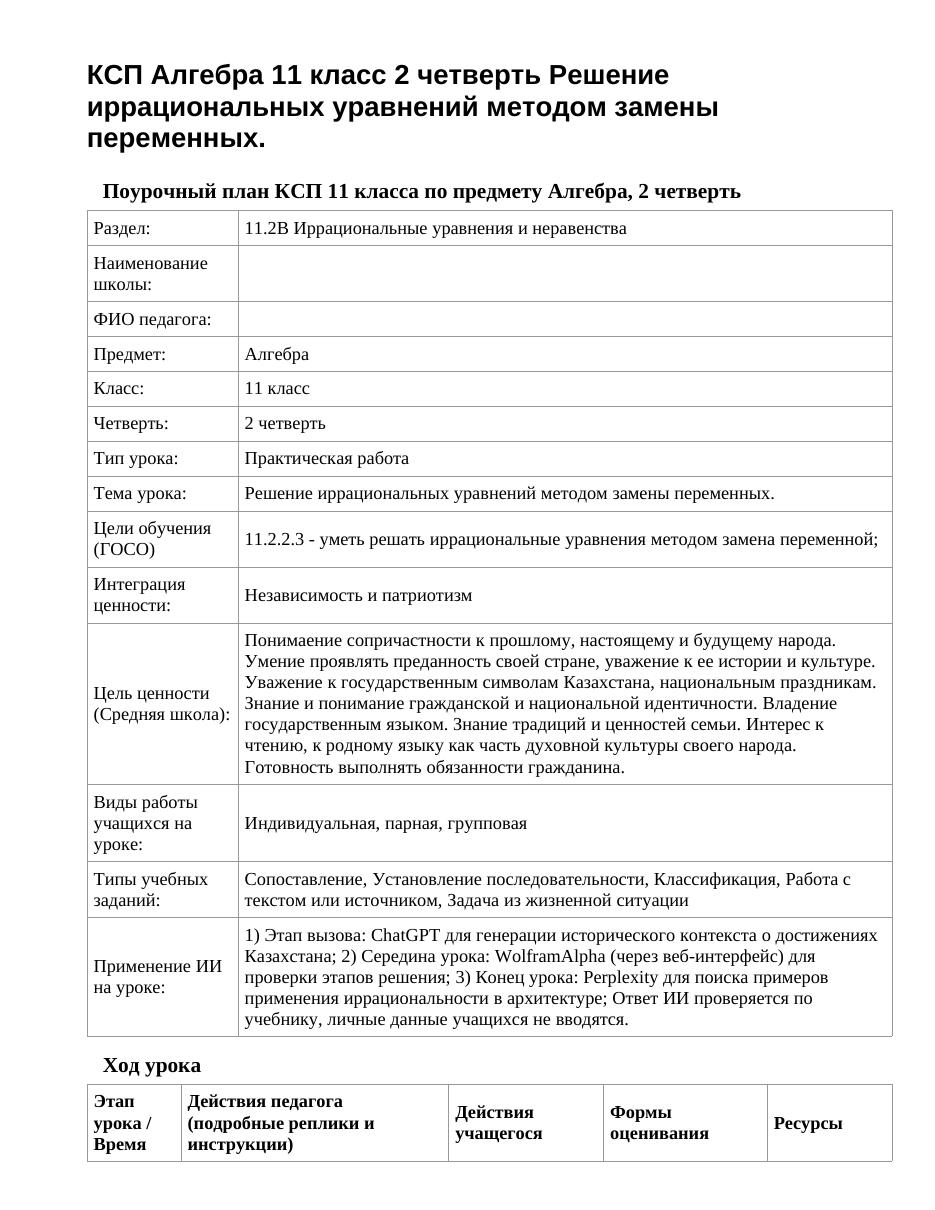 КСП Алгебра 11 класс 2 четверть Решение иррациональных уравнений методом замены переменных.