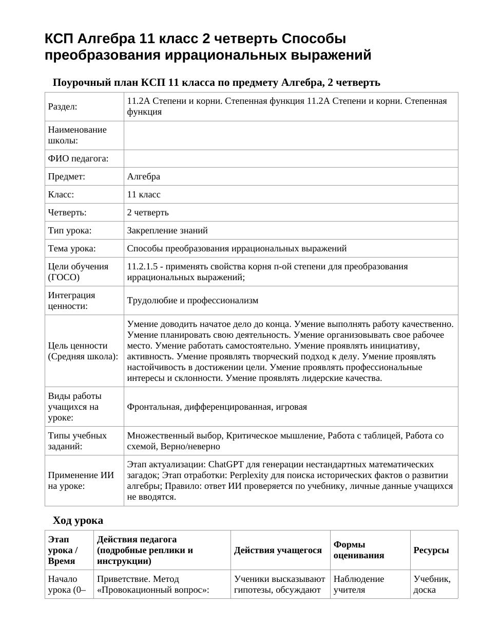 КСП Алгебра 11 класс 2 четверть Способы преобразования иррациональных выражений
