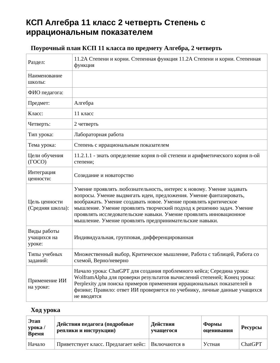 КСП Алгебра 11 класс 2 четверть Степень с иррациональным показателем