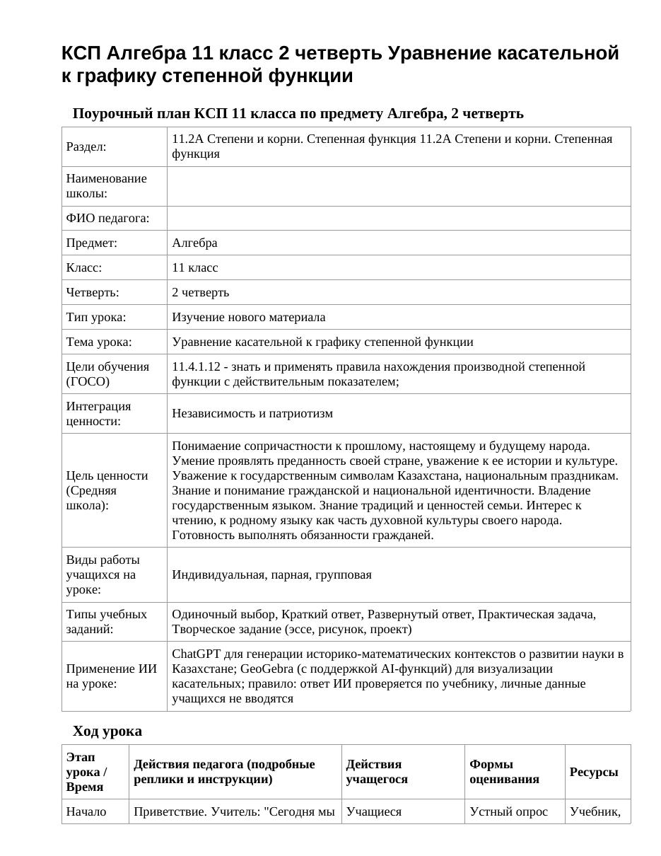КСП Алгебра 11 класс 2 четверть Уравнение касательной к графику степенной функции
