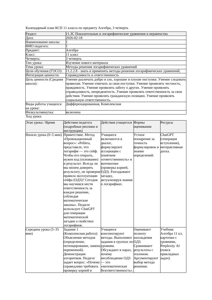 КСП Алгебра 11класс 3 четверть Методы решения логарифмических уравнений