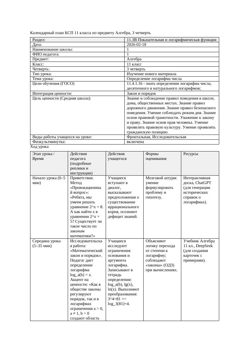 КСП Алгебра 11класс 3 четверть Определение логарифма числа 20260218