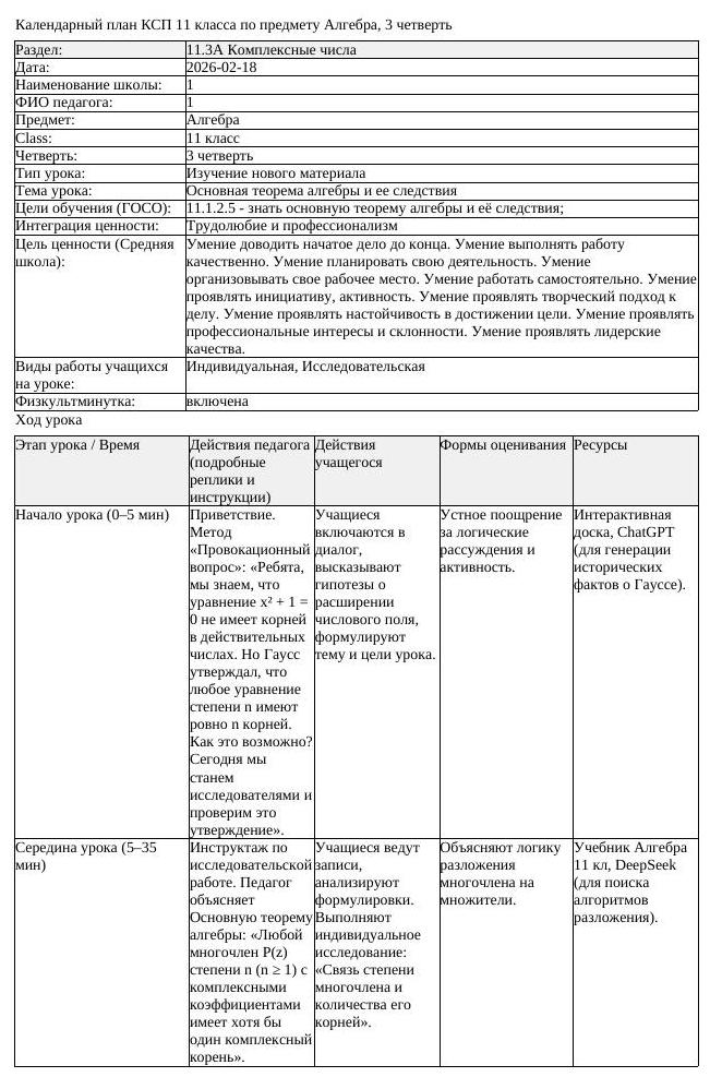 КСП Алгебра 11класс 3 четверть Основная теорема алгебры и ее следствия