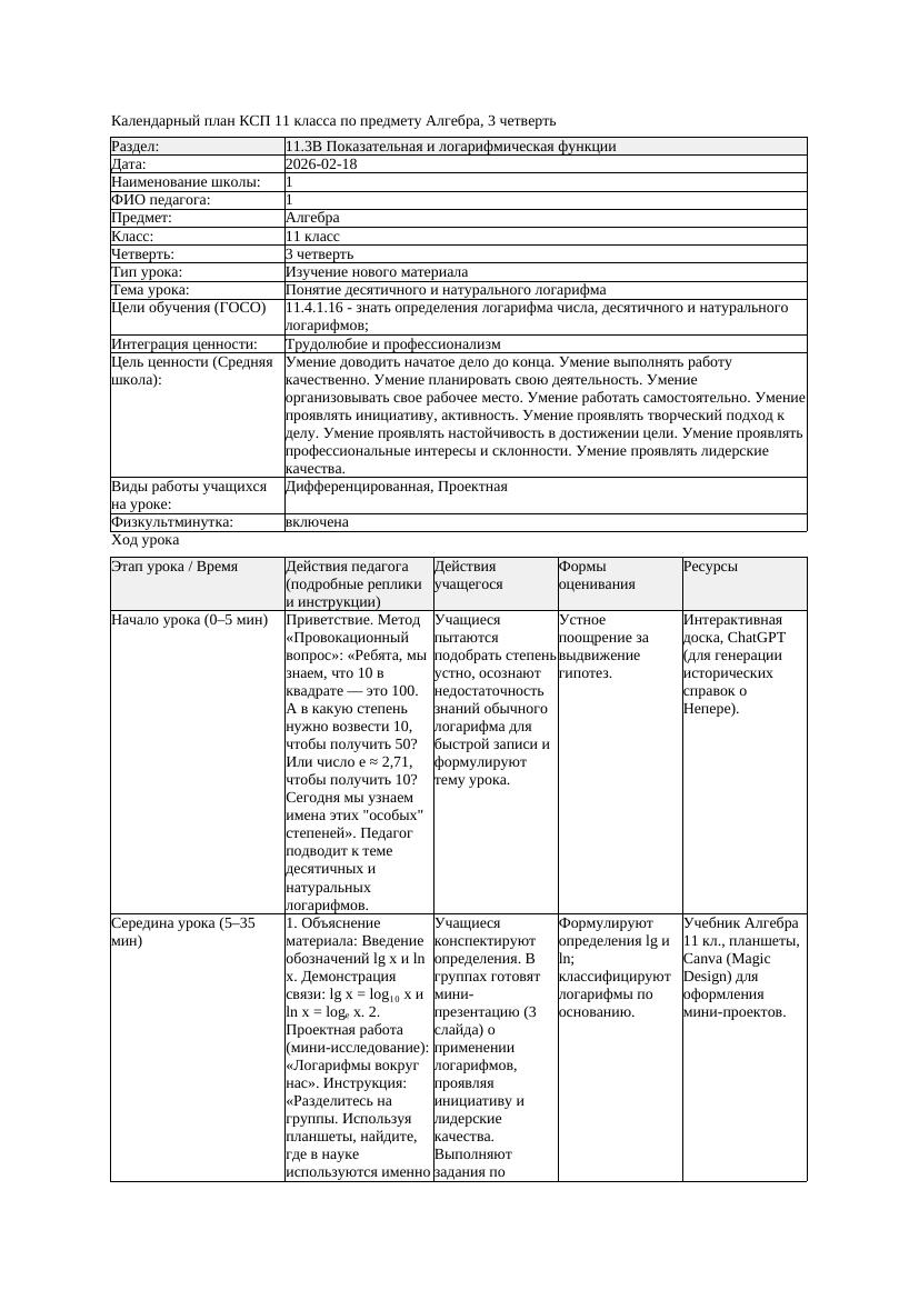 КСП Алгебра 11класс 3 четверть Понятие десятичного и натурального