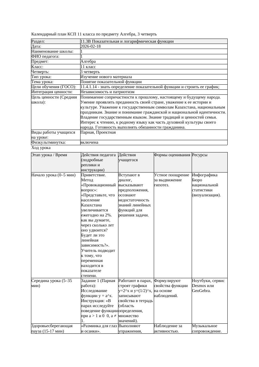 КСП Алгебра 11класс 3 четверть Понятие показательной функции 20260218