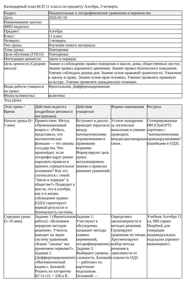 КСП Алгебра 11 класс 3 четверть Повторение docx (урок 1)