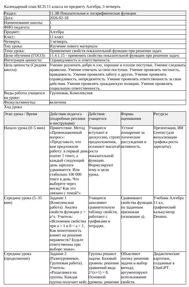 КСП Алгебра 11 класс 3 четверть Применение свойств показательной