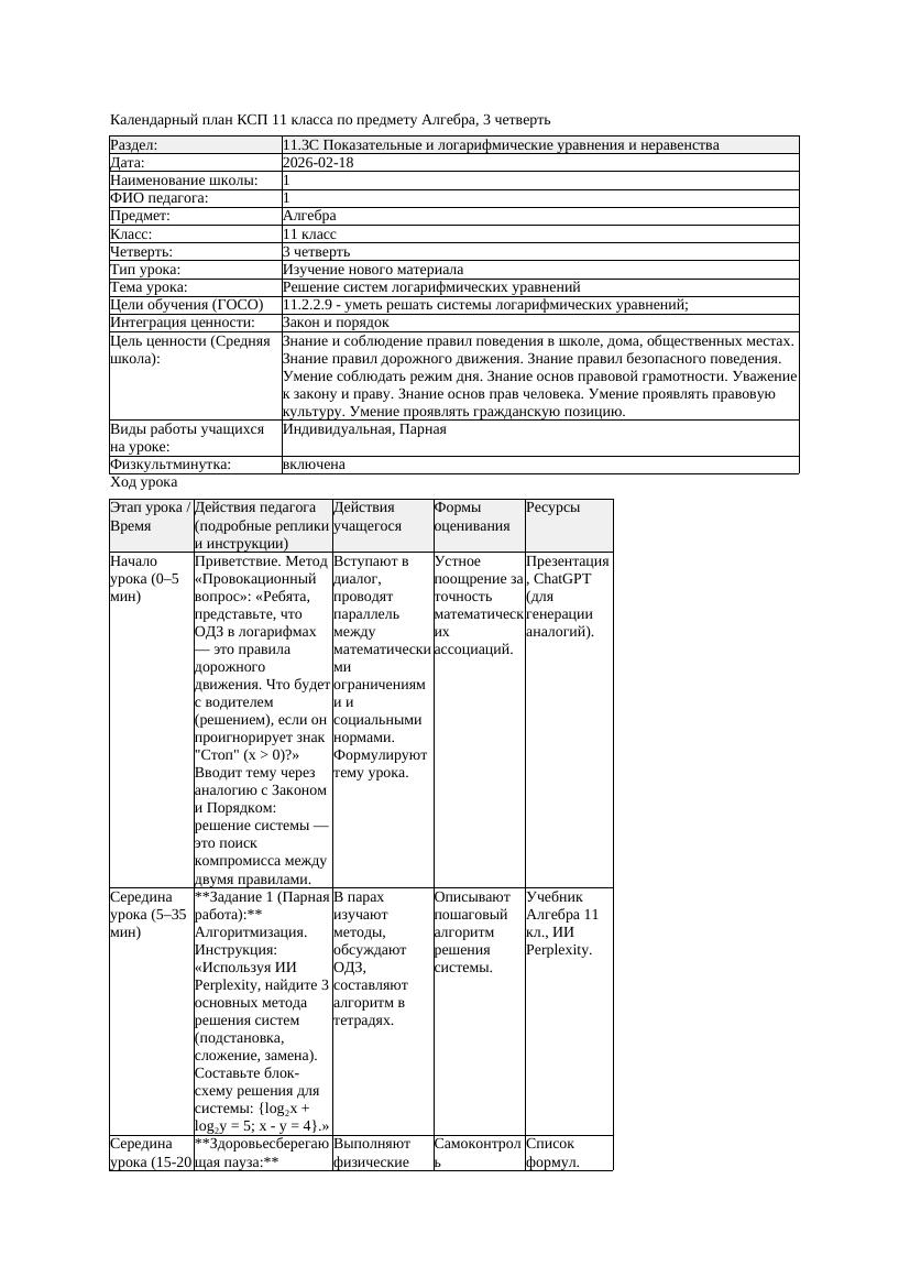 КСП Алгебра 11класс 3 четверть Решение систем логарифмических уравнений