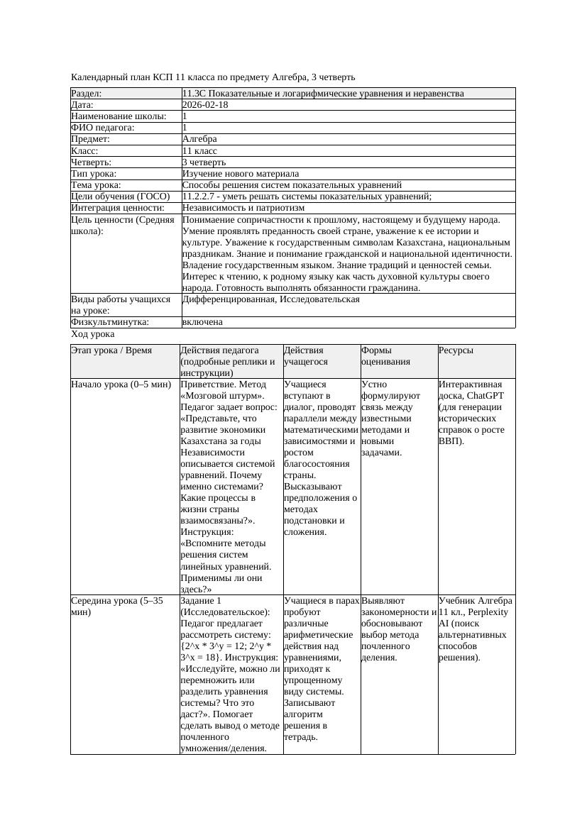КСП Алгебра 11класс 3 четверть Способы решения систем показательных