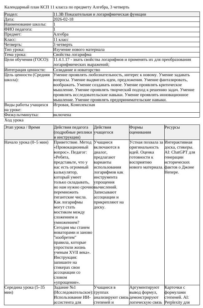 КСП Алгебра 11 класс 3 четверть Свойства логарифма docx