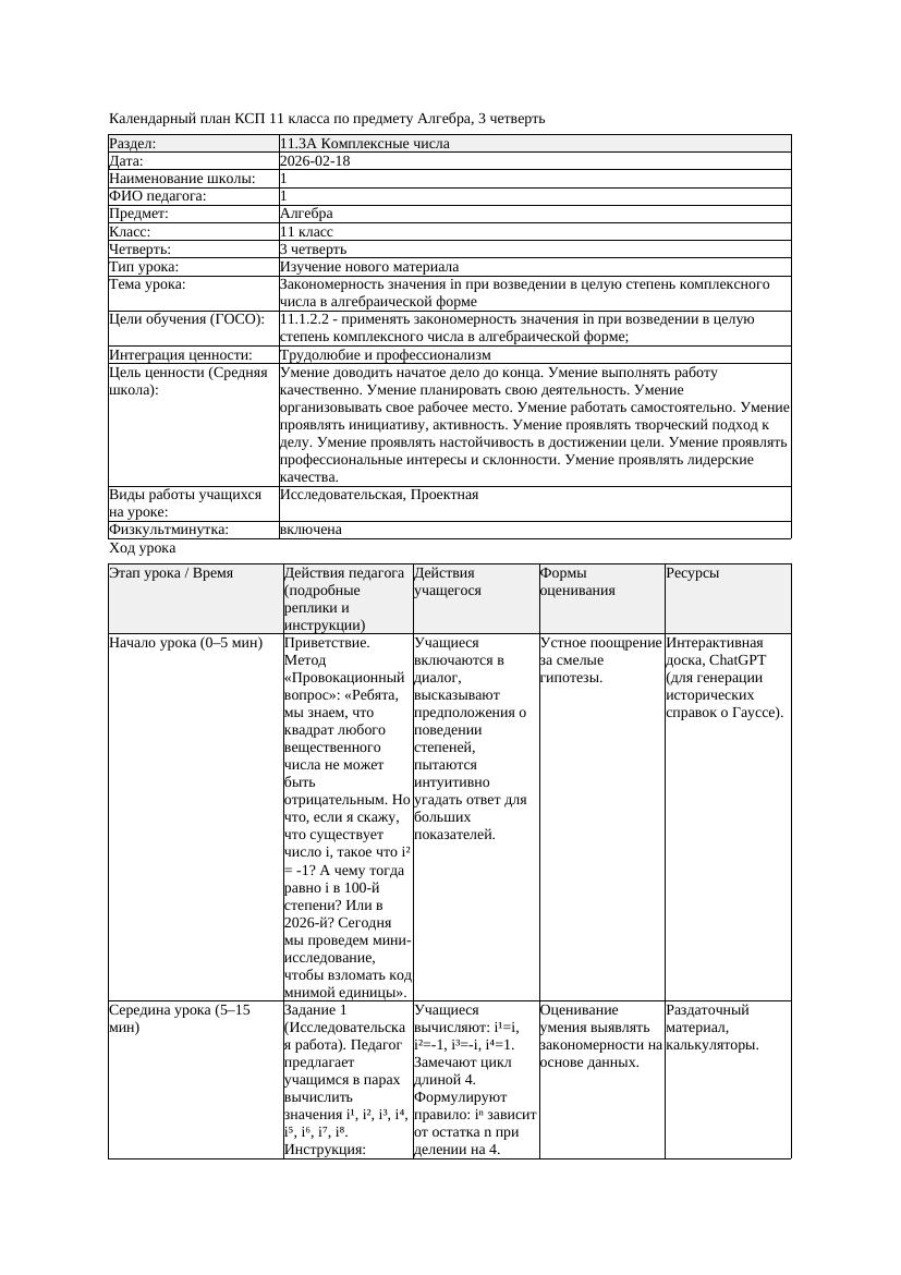 КСП Алгебра 11класс 3 четверть Закономерность значения in при возведении