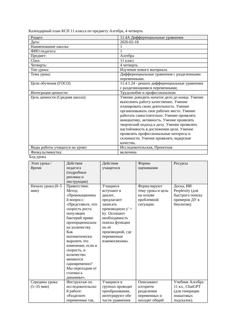 КСП Алгебра 11класс 4 четверть Дифференциальные уравнения с разделенными