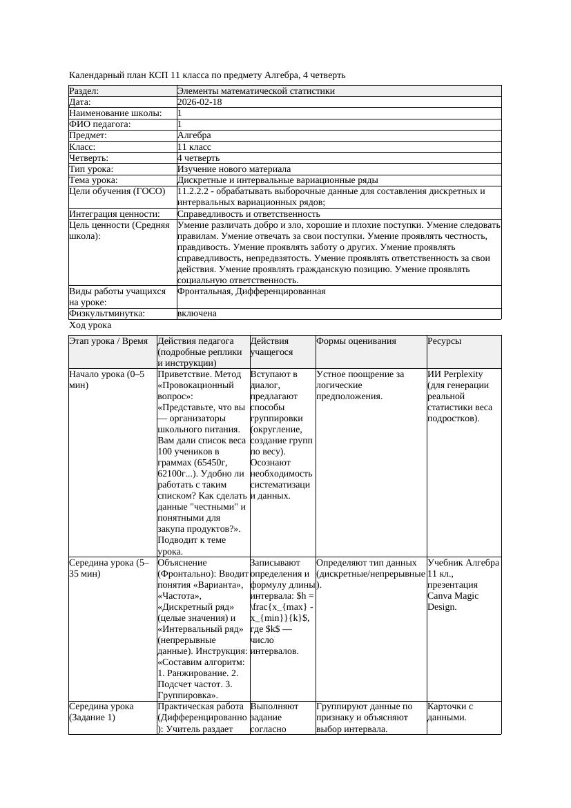 КСП Алгебра 11класс 4 четверть Дискретные и интервальные вариационные
