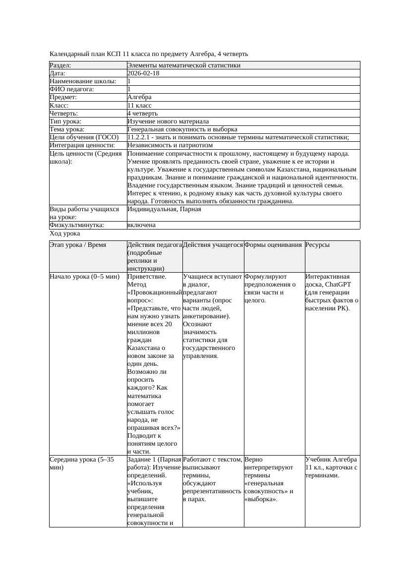 КСП Алгебра 11класс 4 четверть Генеральная совокупность и выборка