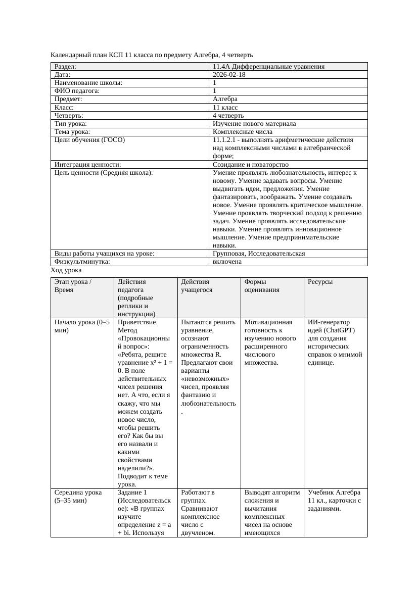 КСП Алгебра 11класс 4 четверть Комплексные числа 20260218 docx