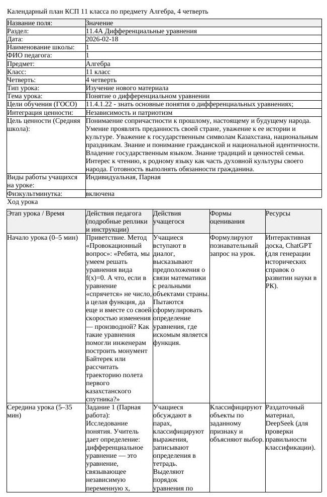 КСП Алгебра 11класс 4 четверть Понятие о дифференциальном уравнении