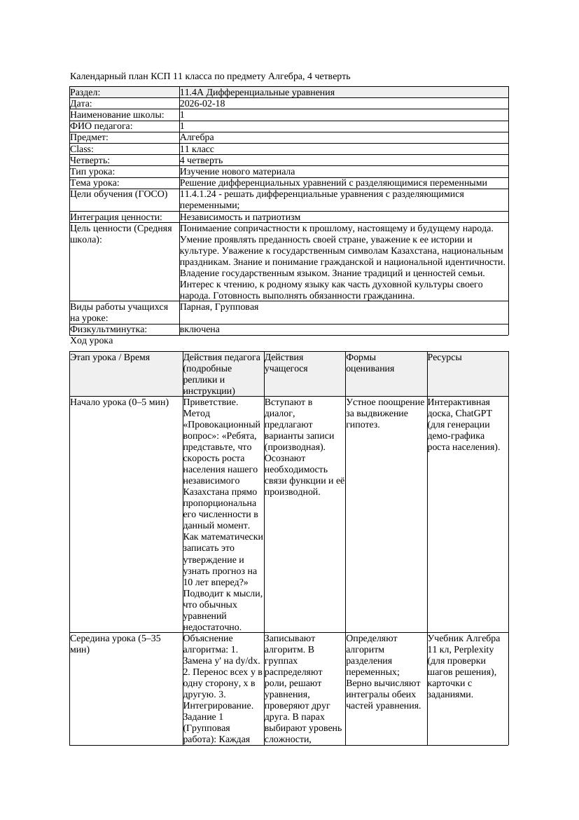 КСП Алгебра 11класс 4 четверть Решение дифференциальных уравнений