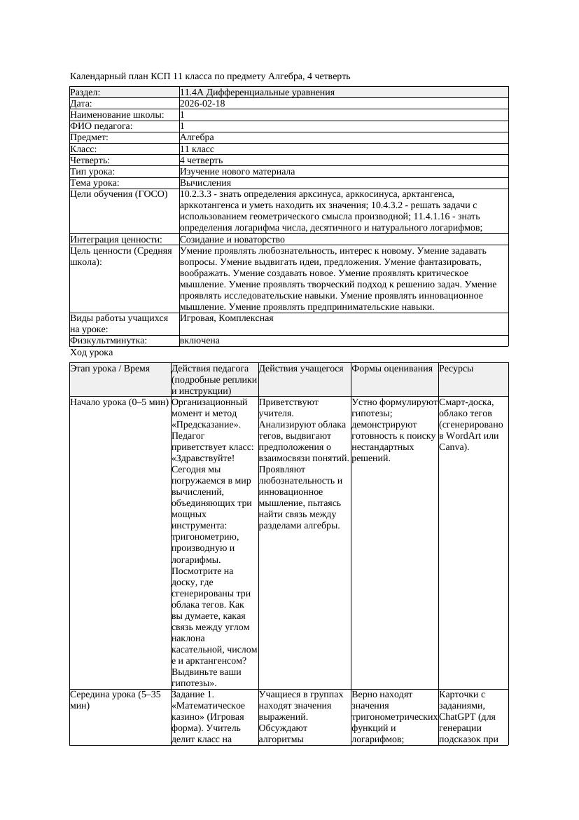 КСП Алгебра 11класс 4 четверть Вычисления 20260218 docx
