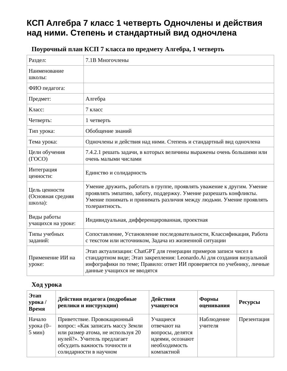 КСП Алгебра 7 класс 1 четверть Одночлены и действия над ними. Степень и стандартный вид одночлена