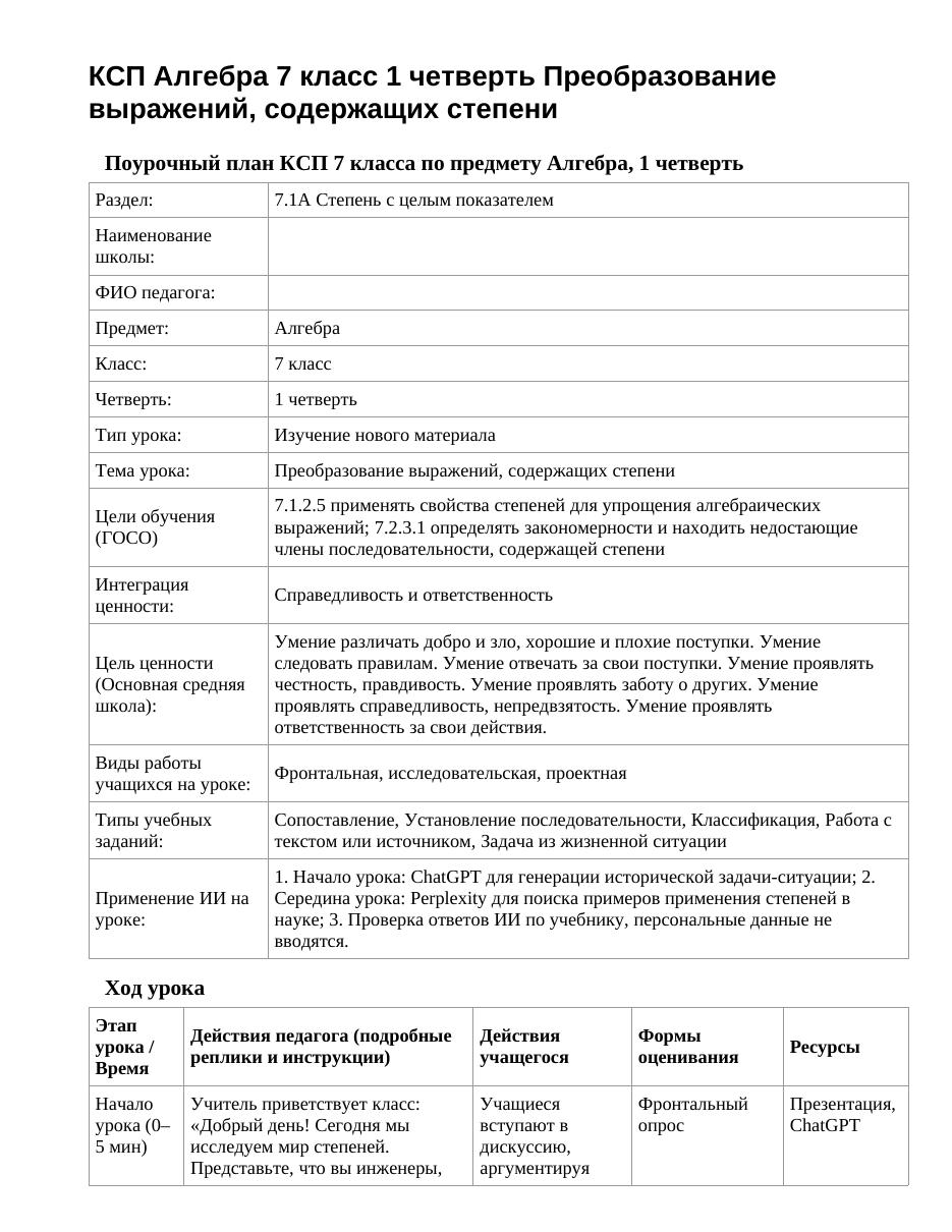 КСП Алгебра 7 класс 1 четверть Преобразование выражений, содержащих степени